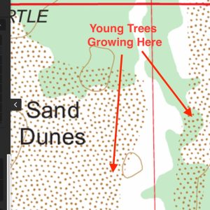 This is the 10-year old CalTopo map (which is an awesome map!) from GeoForage where we can see treeless areas from 10 years ago.